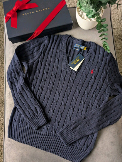 New Ladies Polo Ralph Lauren Blue V Neck Cable Knit Jumper XL Genuine Navy Gift