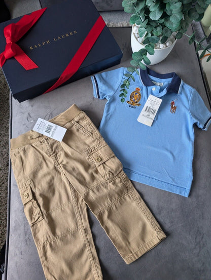 New adorable Ralph Lauren boys Polo Shirt Blue  + Chino Trousers Age 12m Gift