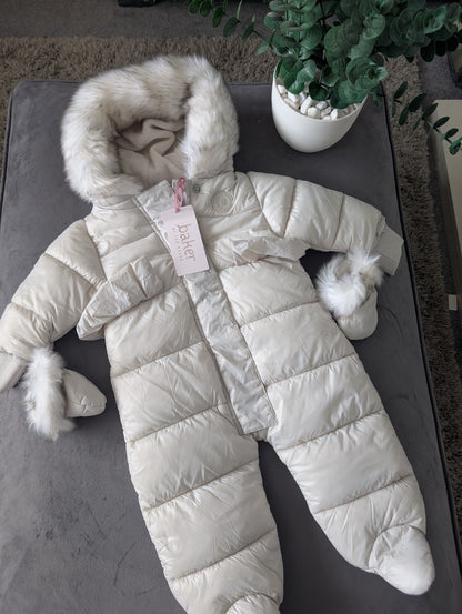 Ted Baker Silver Padded Ruffle Trim Snowsuit & Mittens Set Age 3-6mths BNWT £54