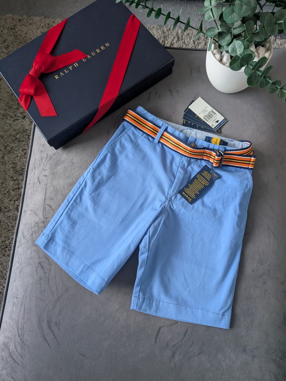 New Ralph Lauren Boys Blue Chino Shorts + Belt Smart Gift Age 8 Casual Summer