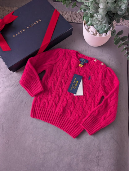 New Polo by Ralph Lauren Cable Knit Jumper Pink Girls 2 Yrs Cashmere Blend Gift