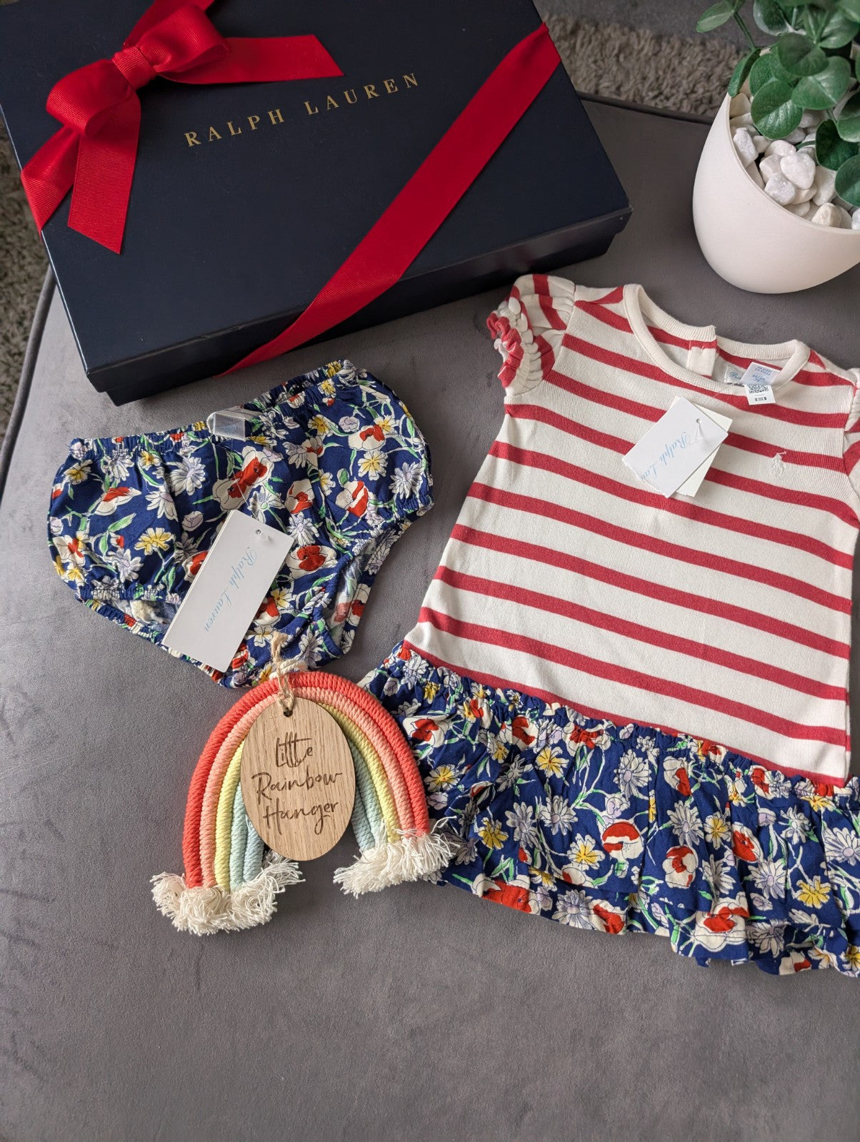 New Ralph Lauren Stripe Floral Baby Girls Frill  Polo Dress 3-6 Months Gift 2pc