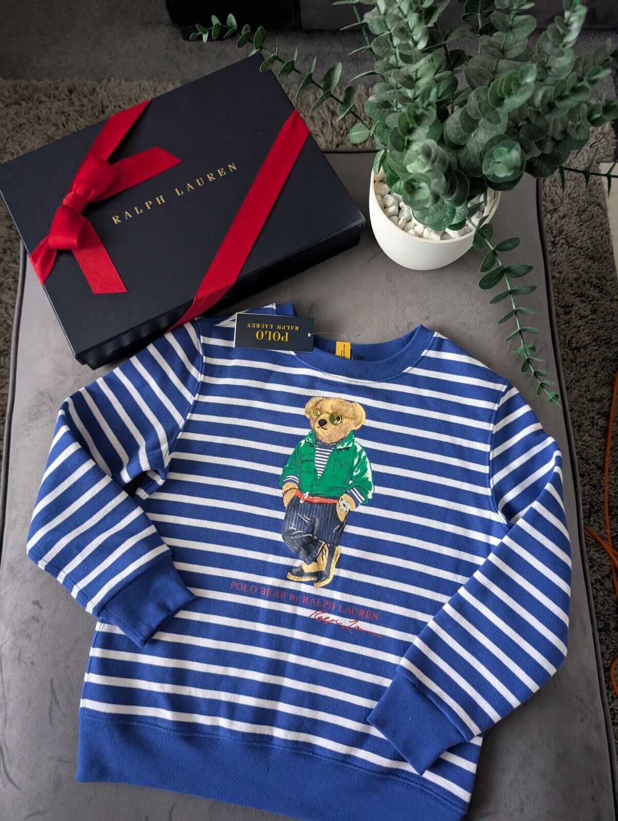 New Ralph Lauren Polo Bear Blue Stripe Sweatshirt Jumper Gift Casual Age 7yrs