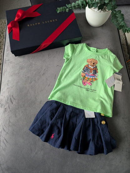 New Ralph Lauren Girls Green Bear T Shirt And Navy Skort Pleated Outfit 12m Gift