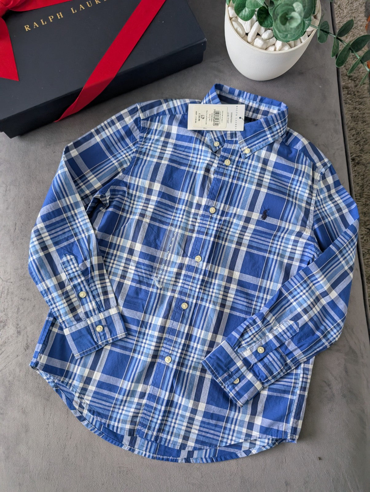 New Ralph Lauren Blue White Check Boys Shirt Smart Occasion Age 7 Yrs Gift