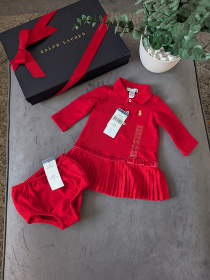 New Ralph Lauren Pleated shirt dress Red Bow 3months Occasion Formal Tennis