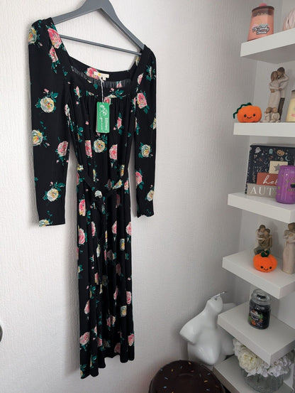 New Boden Square Neck Maxi DressBlack, Painterly Rose Size UK 10 R occasion