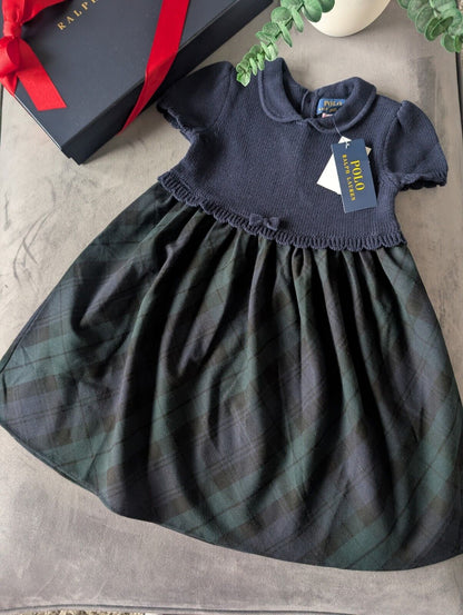 New Ralph Lauren Tartan Plaid Pretty Green Navy Knit Bow Dress Gift 4y Rrp £125