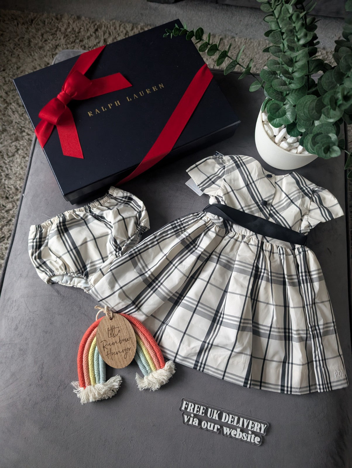 New Ralph Lauren Girls Tartan Plaid Pretty Black Vincenza Dress Ivory Gift 3-6m