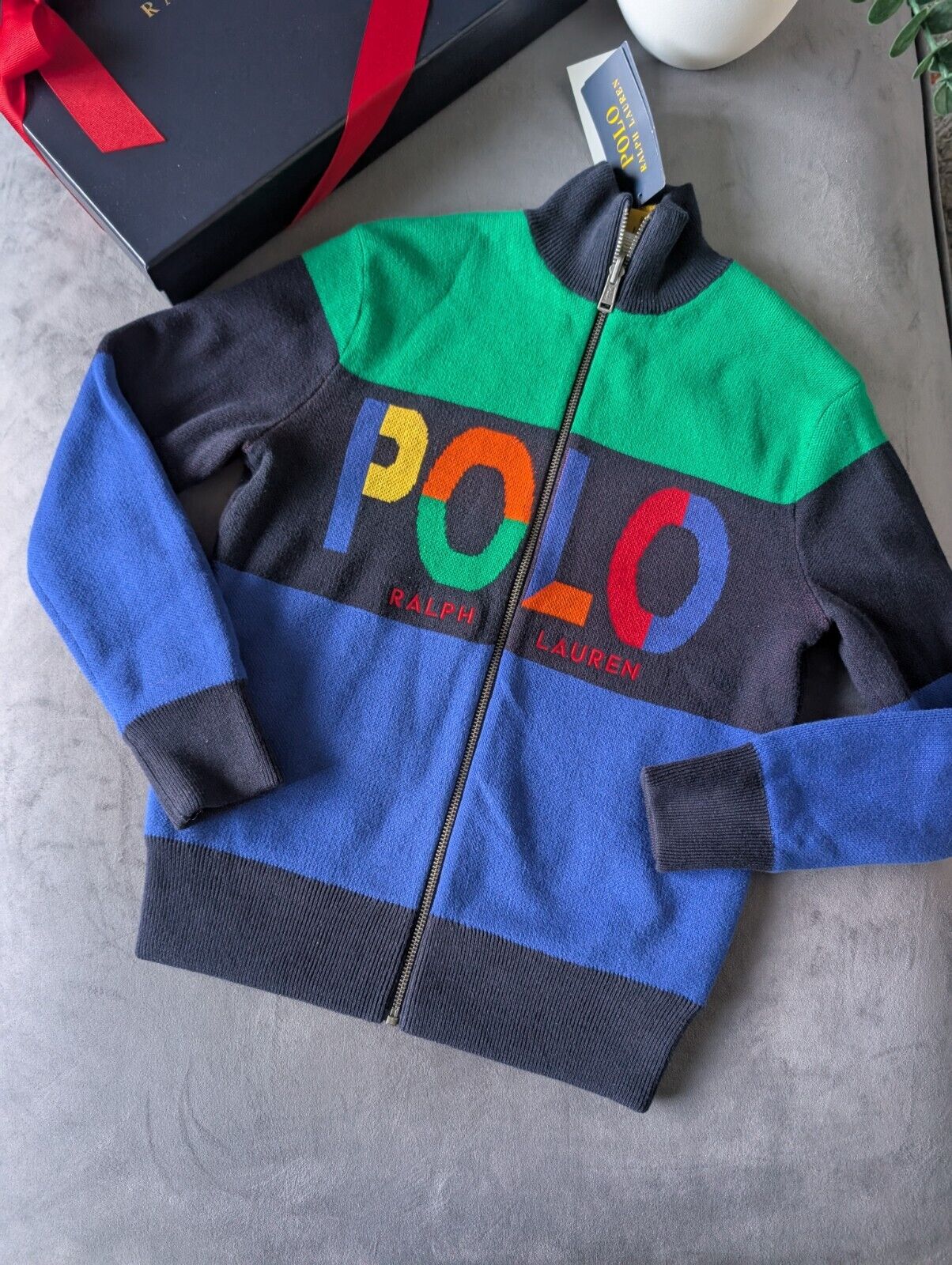 New Ralph Lauren boys Reversible Zip knit jacket Navy Smart Colour Block 8y Gift