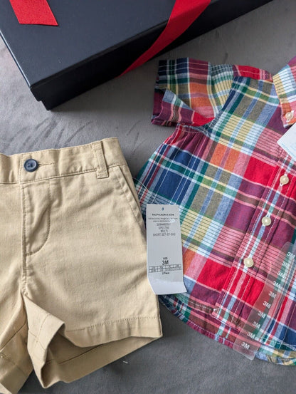 New adorable Ralph Lauren boys Check Shirt + Chino Short Smart Cute 0-3m Gift