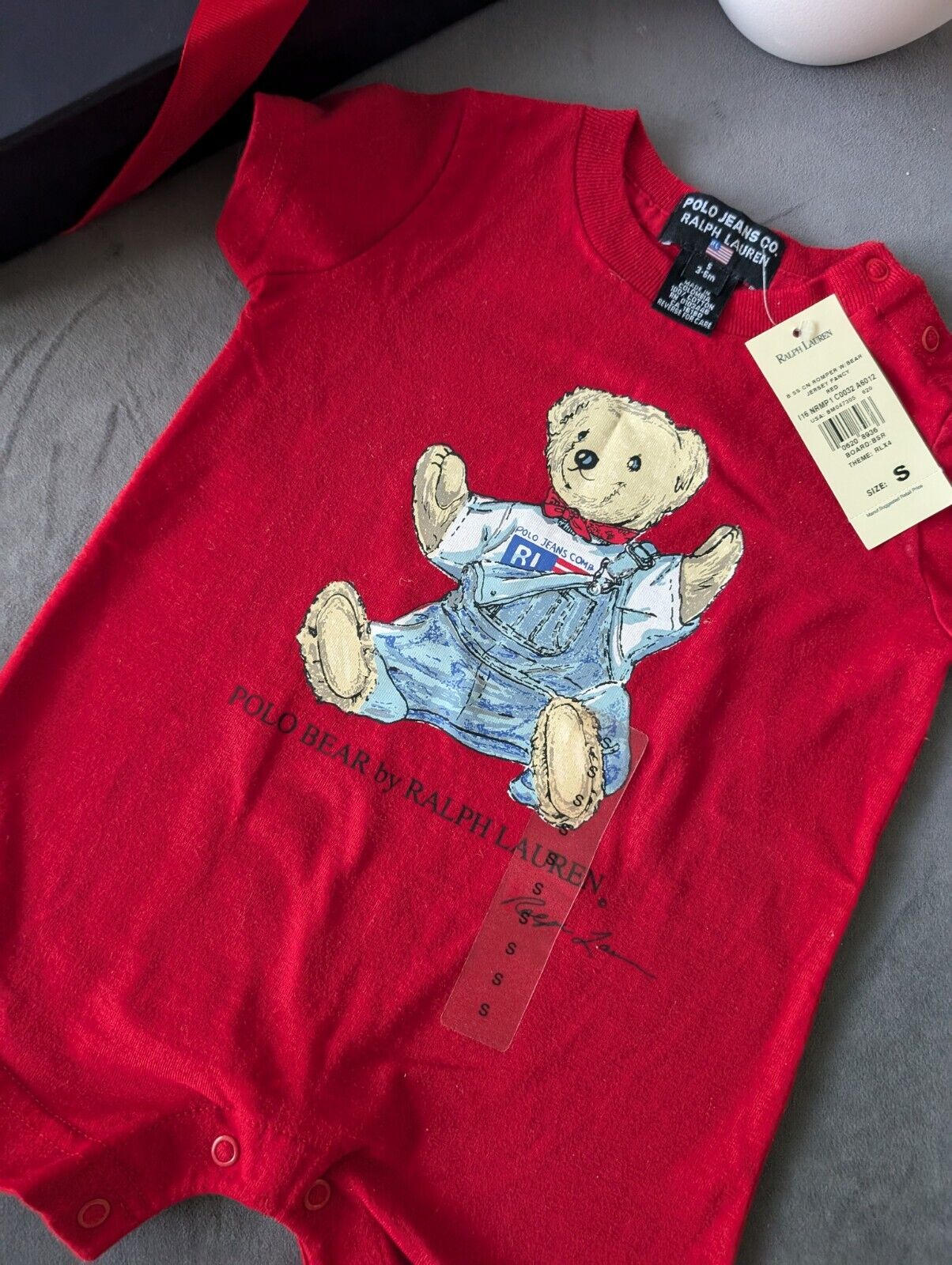 New Vintage Ralph Lauren Polo Jeans Bear Romper Baby Boy Red Cute Gift 3-6m