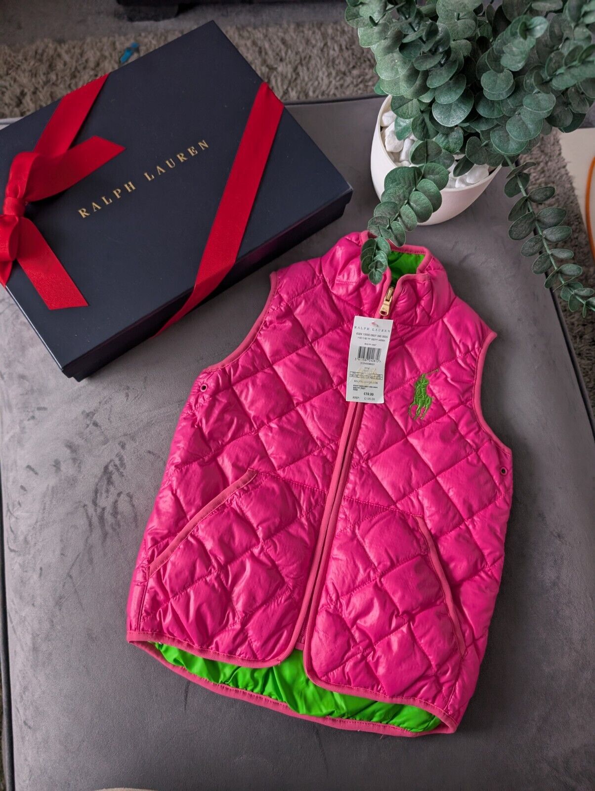 New Ralph Lauren Girls Bright Pink Green Quilted Gilet Bodywarmer Age 5 Gift