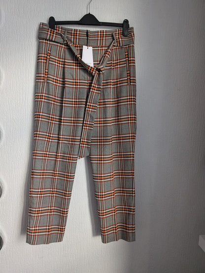 New Reiss Eisha Checked Straight Fit Trousers Smart Autumn Workwear UK 14