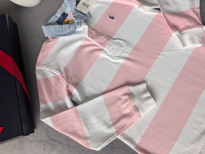 New Ralph Lauren Boys Iconic Pink White Stripe Long Sl Polo Shirt Smart Gift 6y