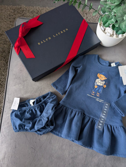 New Gorgeous Ralph Lauren Baby Girls Navy Bear Golf Dress Sweater + Bloomer 6m