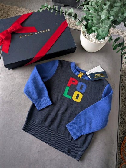 New Ralph Lauren Boys Colour Block Fine Knit Jumper Polo Logo Blue Gift 2-3y