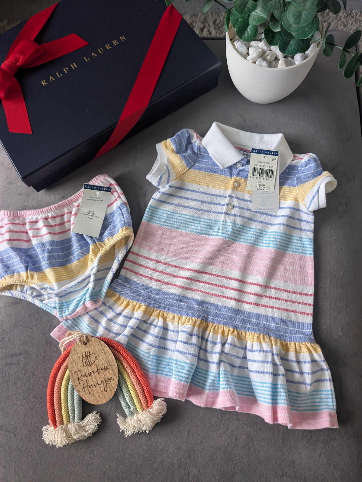 New Ralph Lauren baby girls pink white stripe frill Multi Dress gift 3-6m pretty