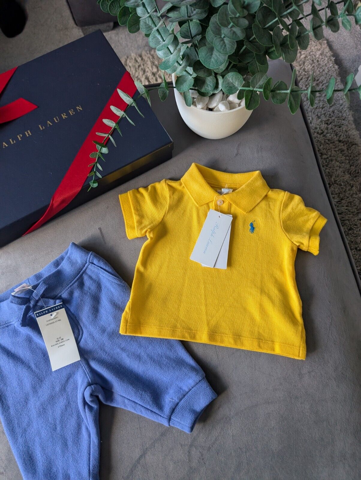 New adorable Ralph Lauren boys Yellow Polo Shirt + blue Jogger set 0-3m Cute