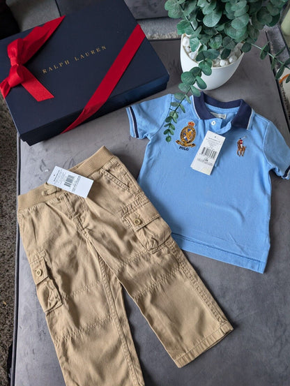 New adorable Ralph Lauren boys Polo Shirt Blue  + Chino Trousers Age 12m Gift