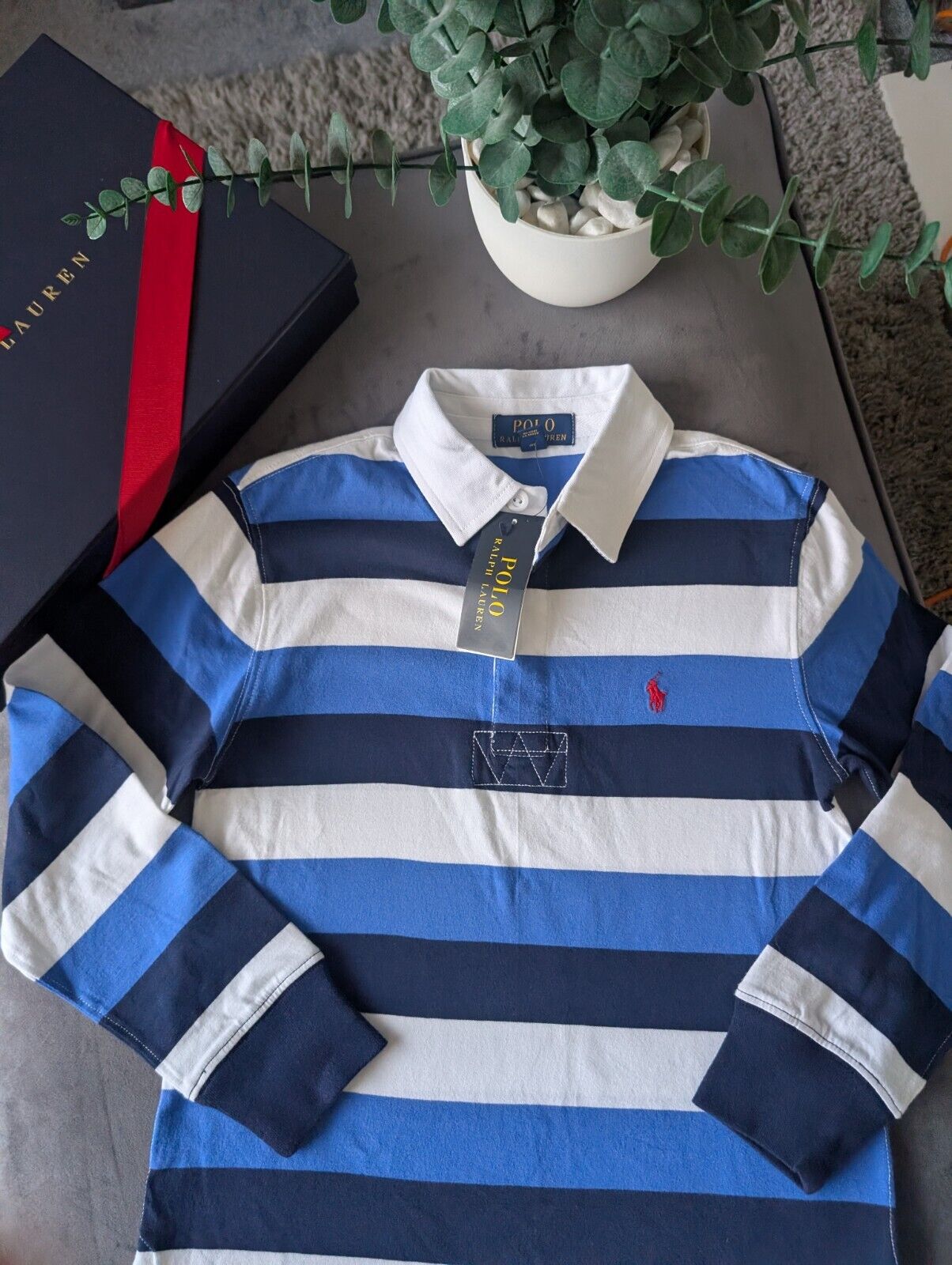 New Ralph Lauren Boys Rugby Style Stripe Long Sleeve Polo Blue White  8y Boys