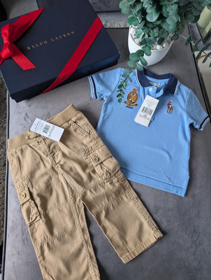 New adorable Ralph Lauren boys Polo Shirt Blue  + Chino Trousers Age 12m Gift