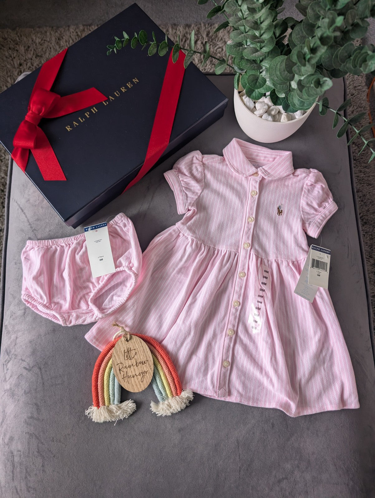 New Ralph Lauren Baby Girl Oxford Mesh Dress & Bloomer Carmel Pink 6-9m Gift