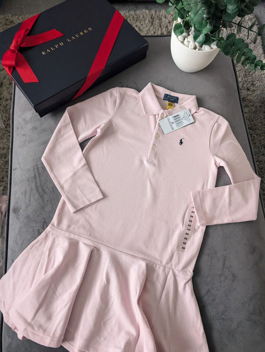 New Ralph Lauren girls soft pink polo dress long sleeve frill age 6 gift occasion