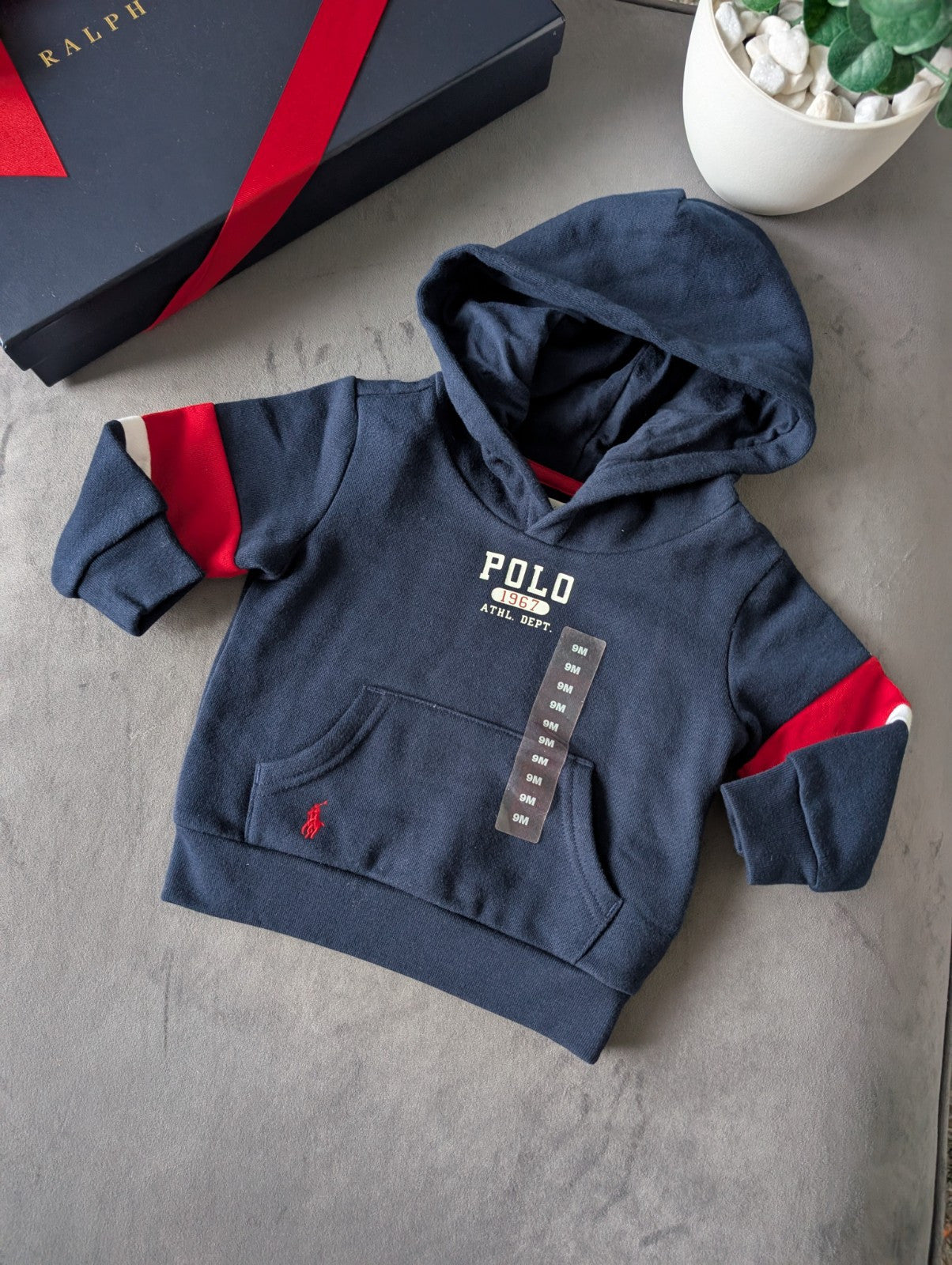 New Ralph Lauren Baby Boys Jacket Hoodie 6-9m Navy Smart Casual Red Stripe Logo