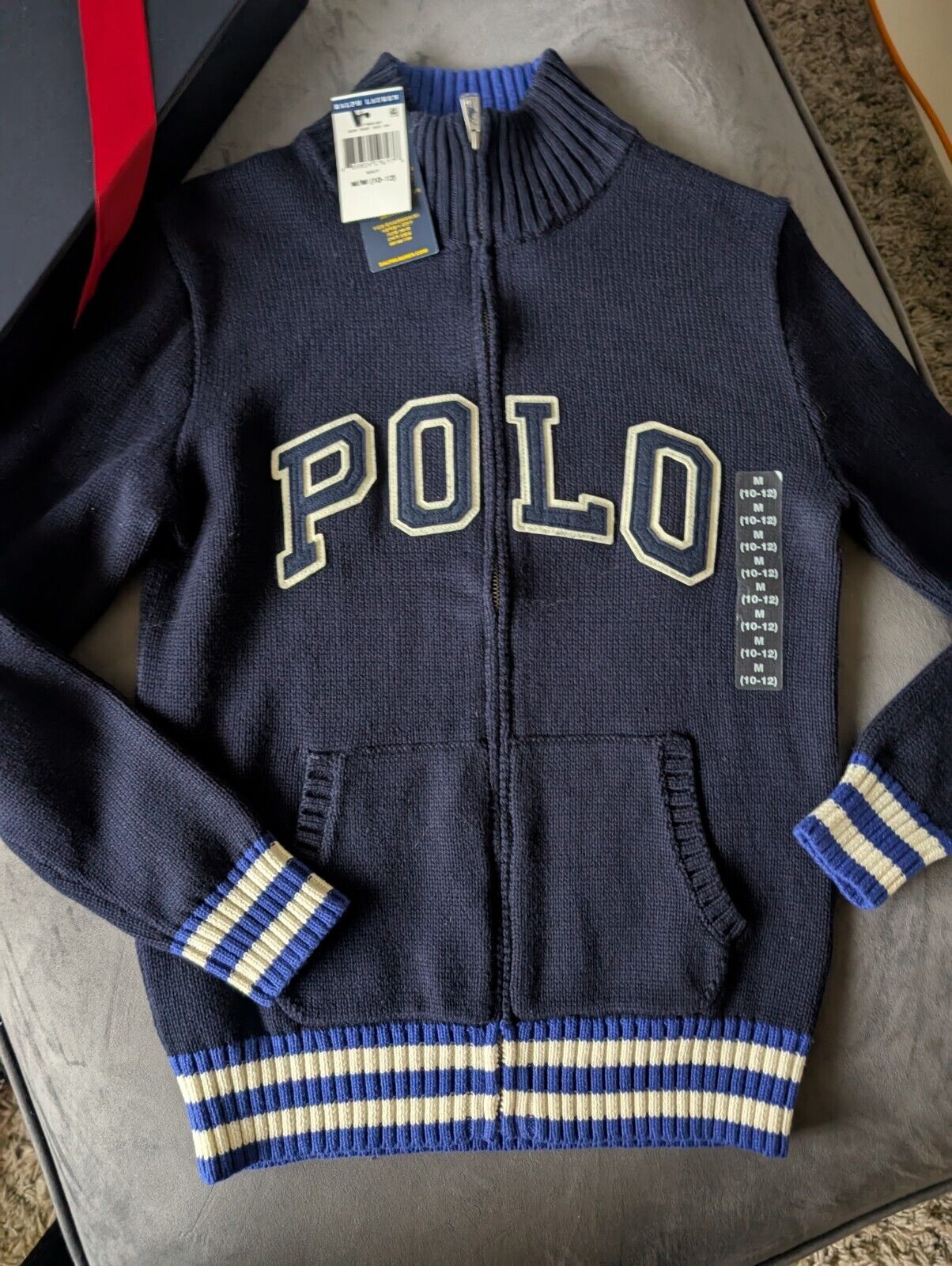 New Boys Ralph Lauren Navy Polo Logo Full Zip Jacket Knit Chunky 10-12yrs