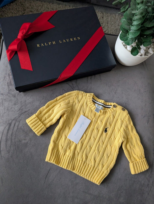 New Polo by Ralph Lauren Cable Knit Jumper Yellow 3m Gift Unisex Baby