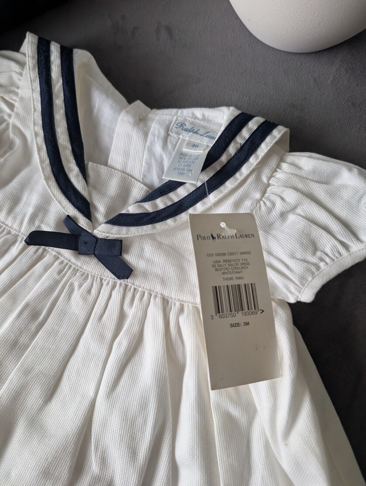 New stunning Ralph Lauren baby girls sally sailor dress white navy bow 0-3m