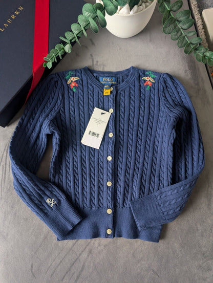 New Ralph Lauren Girls Knitted Cardigan 6 Years Gift Navy Floral Embroidery Cute