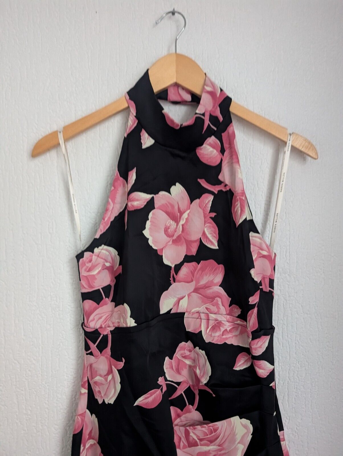 New Karen Millen Rose Print Halterneck Dress In Black/ Pink Size UK 12 Occasion