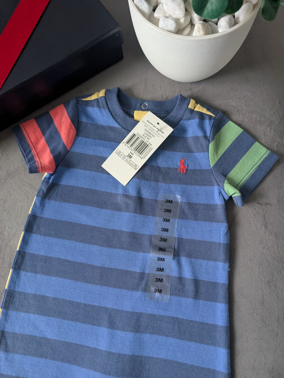 New Ralph Lauren Baby Boy Blue Multi  Smart Romper 0-3m Cute Summer Shortall