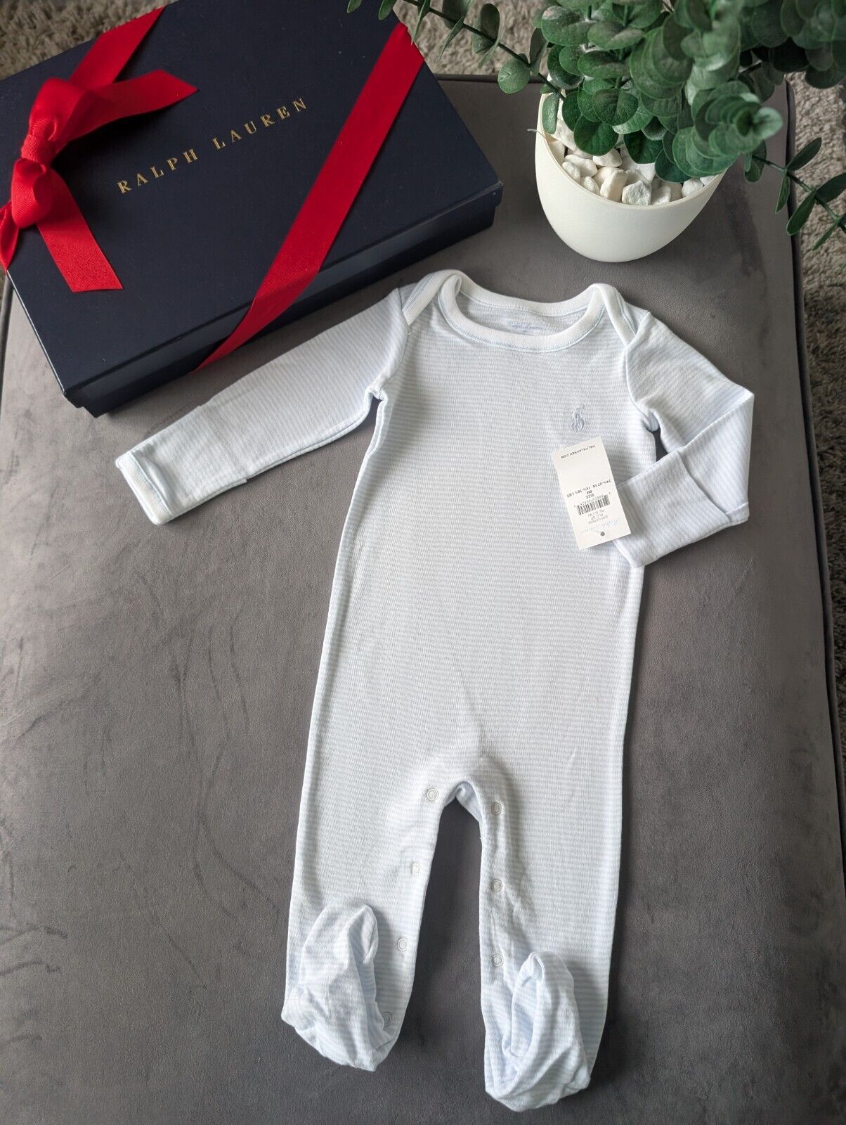 New Ralph Lauren Baby Boys Blue Stripe All In One Babygrow Gift 3-6m Newborn