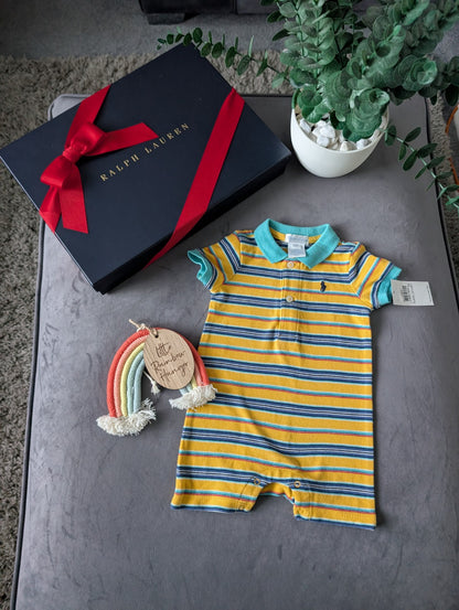 New Ralph Lauren Baby Boy Yellow Blue Smart Romper 0-3m Gift Summer Shortall