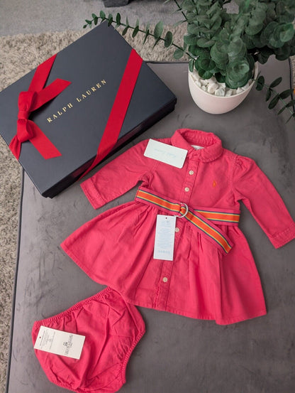 (Copy) Ralph Lauren Polo girls buttoned Oxford Shirt dress Pink Belt Yellow 0-3m Gift