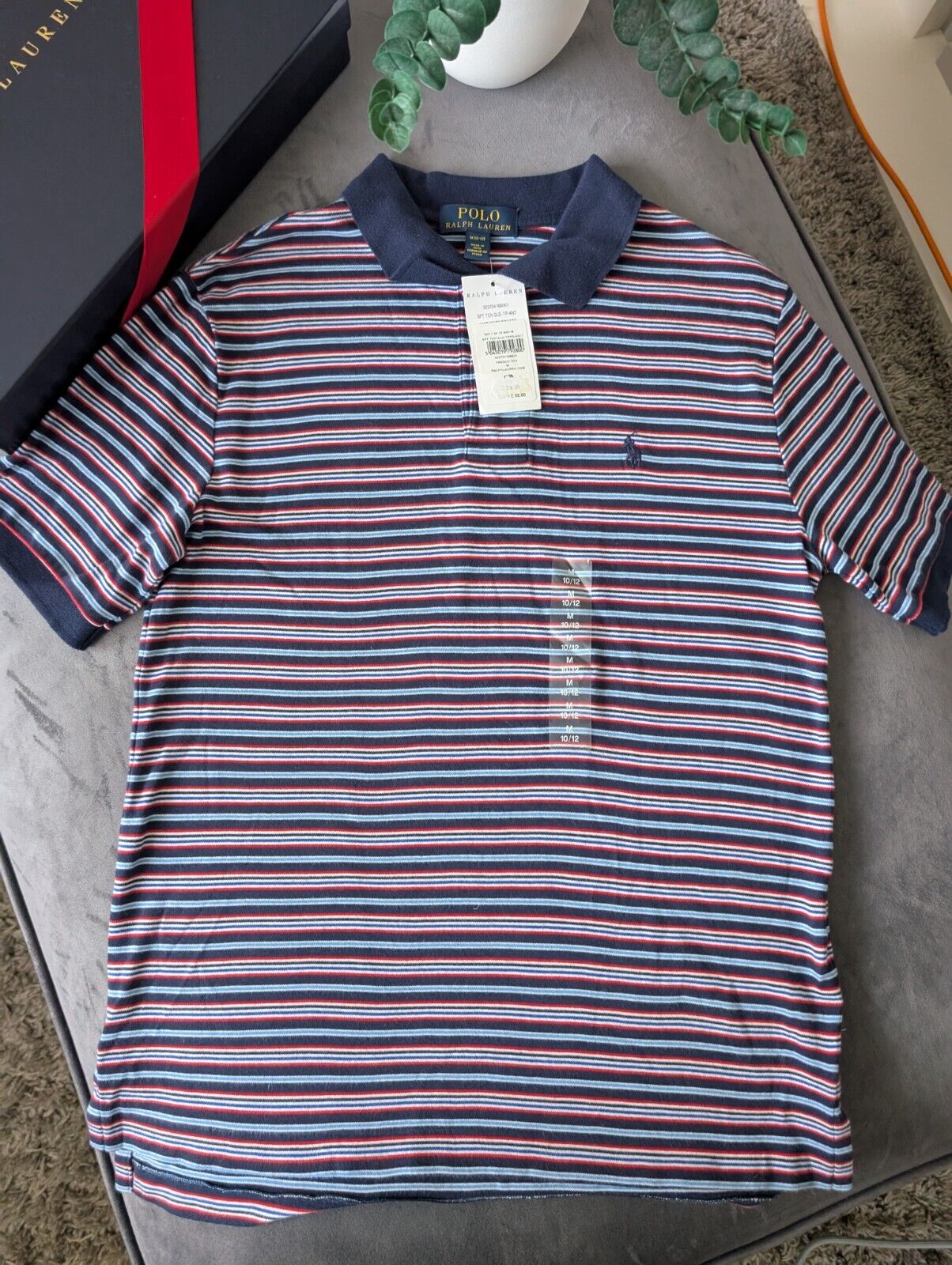 New Ralph Lauren Boys Navy Blue Stripe Polo T Shirt Age 10-12y  Smart Gift