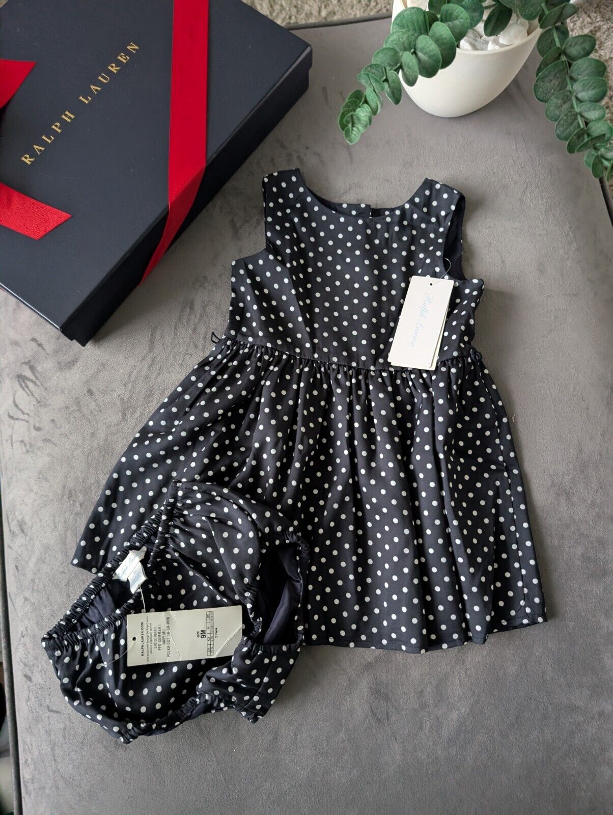 New Ralph Lauren Baby Girls Navy Polka Dot Spotty Dress 6-9m Spotty Gift polka