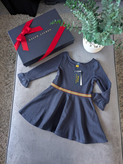 New Stunning Ralph Lauren Girls Ponte Frill Sleeve Navy Dress Belted Gift 2y