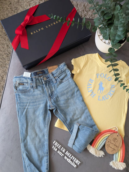 New Ralph Lauren Girls Yellow T Shirt + Blue Denim Boyfriend Jeans Summer 2yrs