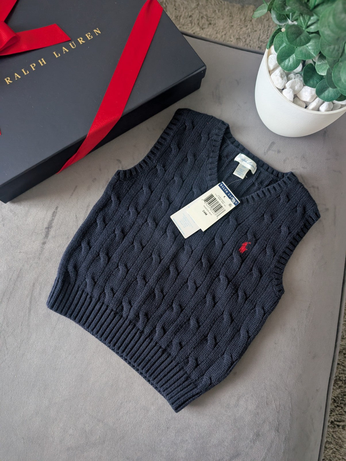 New Polo Ralph Lauren Navy Blue Cable Knit Sweater Jumper Vest Age 2 Smart Gift