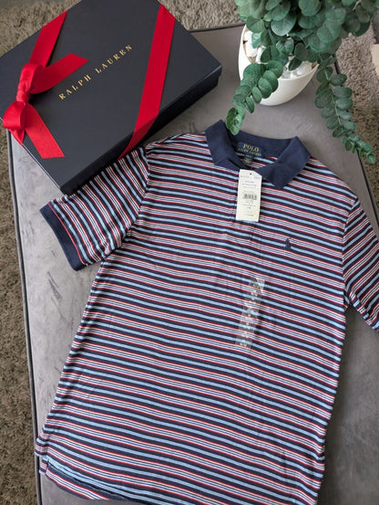 New Ralph Lauren Boys Navy Blue Stripe Polo T Shirt Age 10-12y  Smart Gift