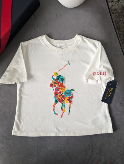 New Ralph Lauren Girls Ivory Embroidery Floral Pony Logo Top T Shirt Gift 6Xyrs