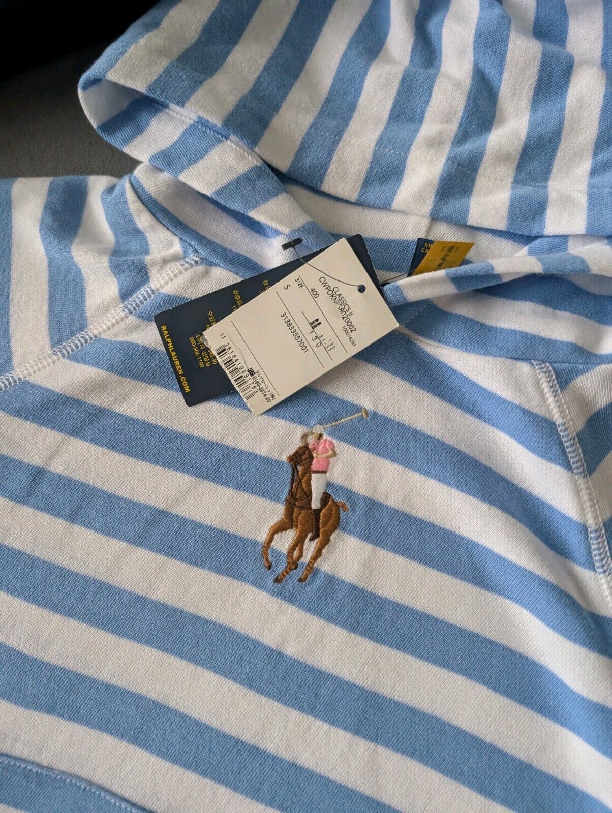 New Ralph Lauren Blue Stripe Big Pony White Hoodie Size Kids 7Yrs Gift Terry