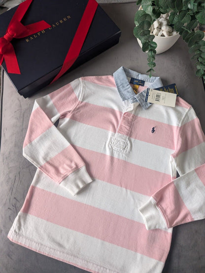 New Ralph Lauren Boys Iconic Pink White Stripe Long Sl Polo Shirt Smart Gift 6y