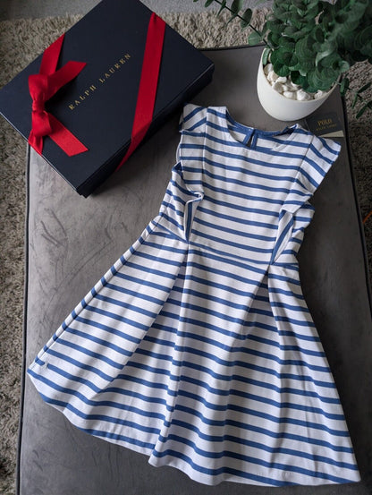 New Ralph Lauren Girls White Navy Stripe Polo Frill Stripe Ribbed Dress Gift 6yr