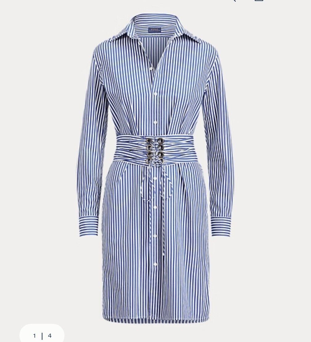 New Polo Ralph Lauren Poplin Shirt Dress Belted Smart UK 14 £175 Blue Stripe