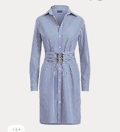 New Polo Ralph Lauren Poplin Shirt Dress Belted Smart UK 14 £175 Blue Stripe